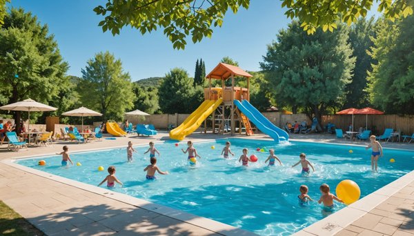 Quelles sont les activités pour les enfants proposées par l'aire de camping avec piscine couverte et chauffée en Ardèche ?